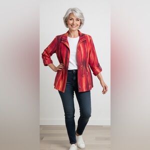 Chicos Womens Red & Orange Abstract Print Linen Blend Jacket Size 2 (large or12)